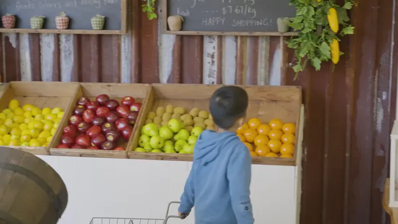 A child shopping at the pretend fruit market